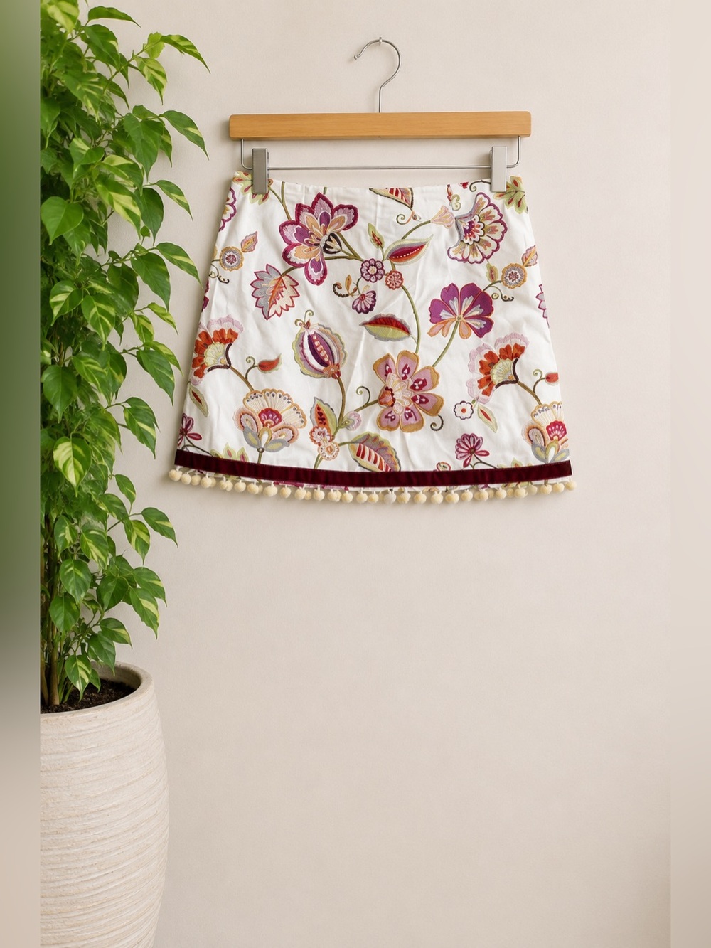 Handmade Floral Mini Skirt Pom Pom Trim Dopamine Boho Cottagecore Statement Bold